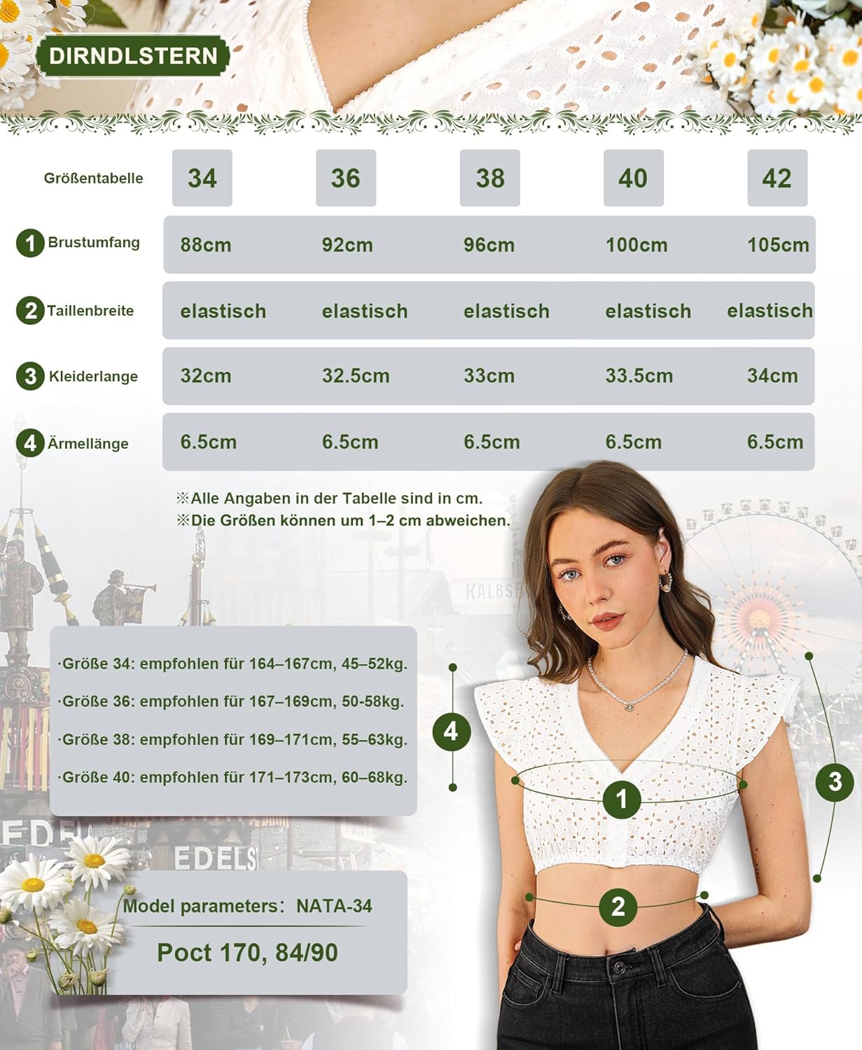 DIRNDLSTERN DirndlBluse Damen Weiß - Exklusive Kurzarm Dirndlbluse mit V-Ausschnitt und Hohlem Design für das Oktoberfest