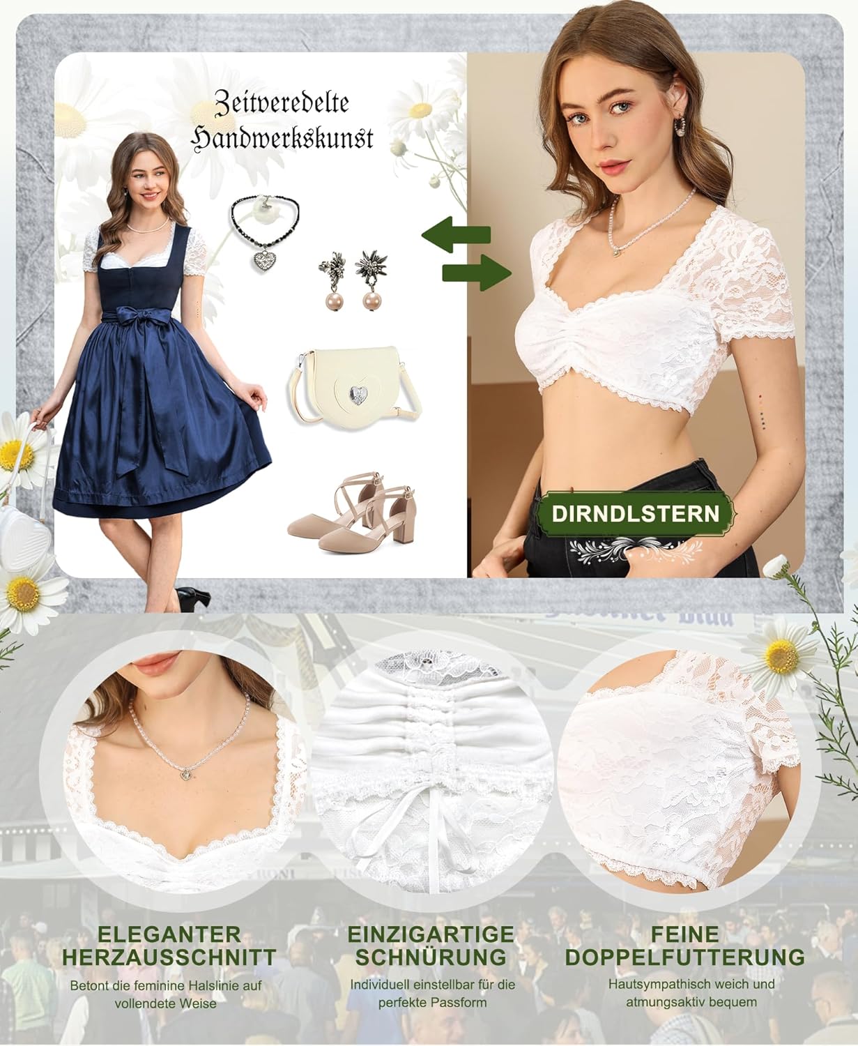 Bluse Damen Spitze - Dirndlbluse Weiß Herzausschnitt Trachtenbluse Kurzarm für Oktoberfest