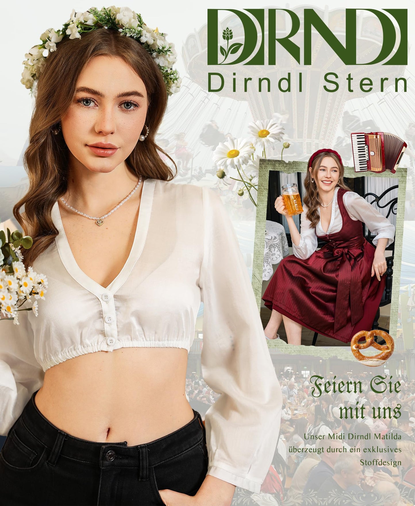 DIRNDLSTERN Dirndl Bluse Damen Weiß - Dirndlbluse langarm V-Ausschnitt Knopfleiste Trachtenbluse für Oktoberfest & Karneval