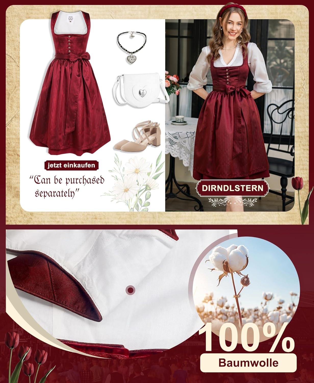 Damen Midi Rot –Trachtenkleid Damen Dirndlkleid mit Plissee Dirndlschürze für Oktoberfest