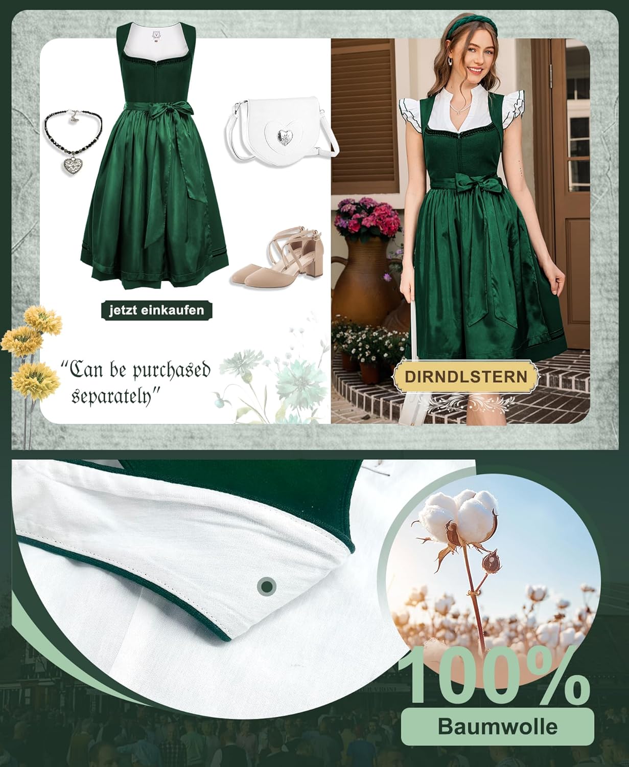 Damen Trachtenrock Grün - Midi Trachtenkleid für Oktoberfest Leinen Dirndlkleid mit Dirndlschürzen
