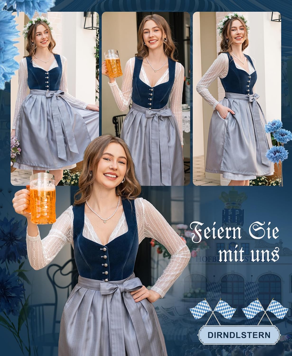 Damen Midi Blau - Dirndlkleid Samt Trachtenmode Kleid mit Dirndlschürze Trachtenkleid für Oktoberfest