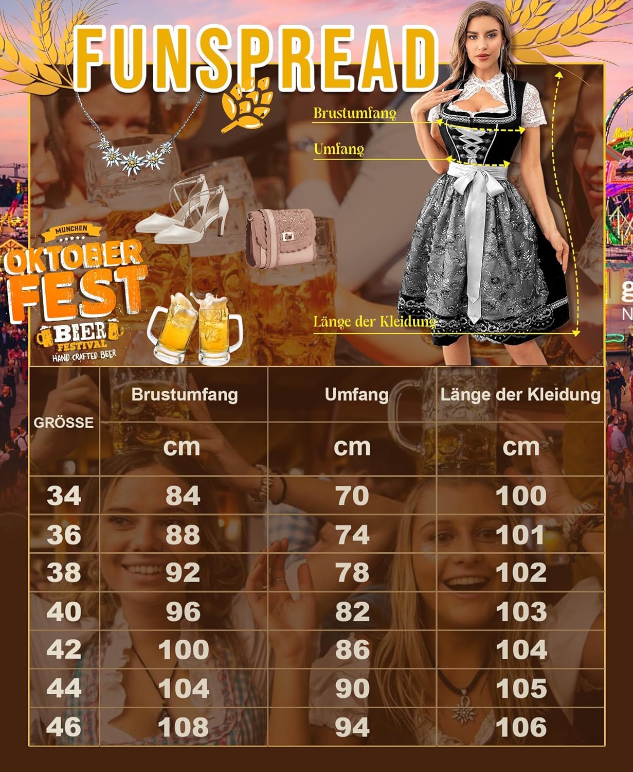 Dirndl Damen Midi Schwarz - Dirndlkleid mit Spitzenschürze Trachtenmode Kleid für Oktoberfest