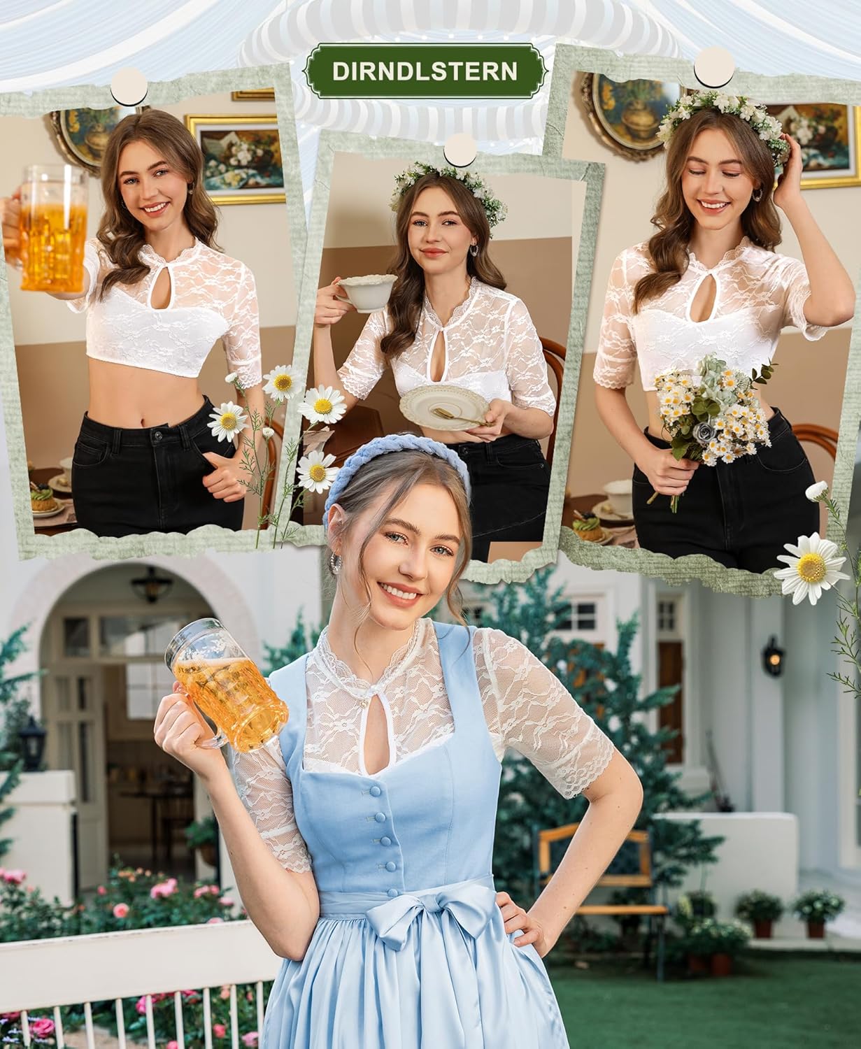 Bluse Damen Weiß – Elegante Kurzarm Dirndlbluse mit Spitze und Teardrop-Ausschnitt für Oktoberfest
