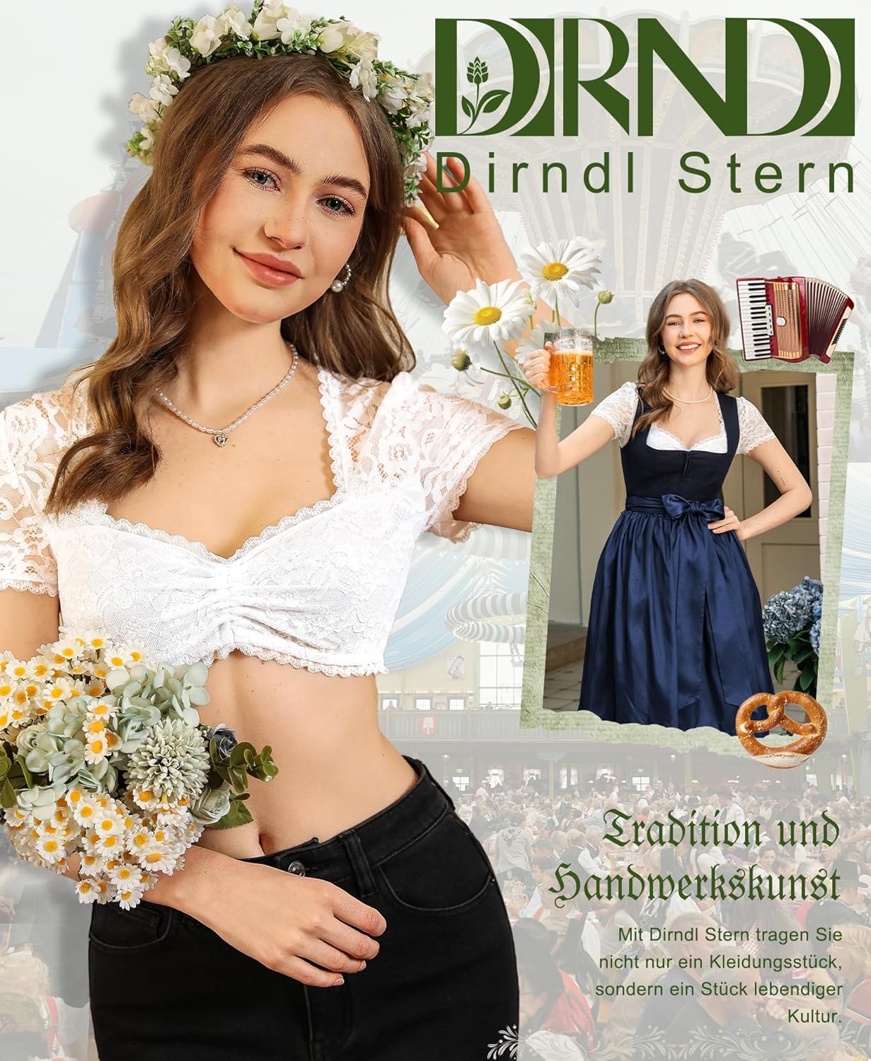 Bluse Damen Spitze - Dirndlbluse Weiß Herzausschnitt Trachtenbluse Kurzarm für Oktoberfest