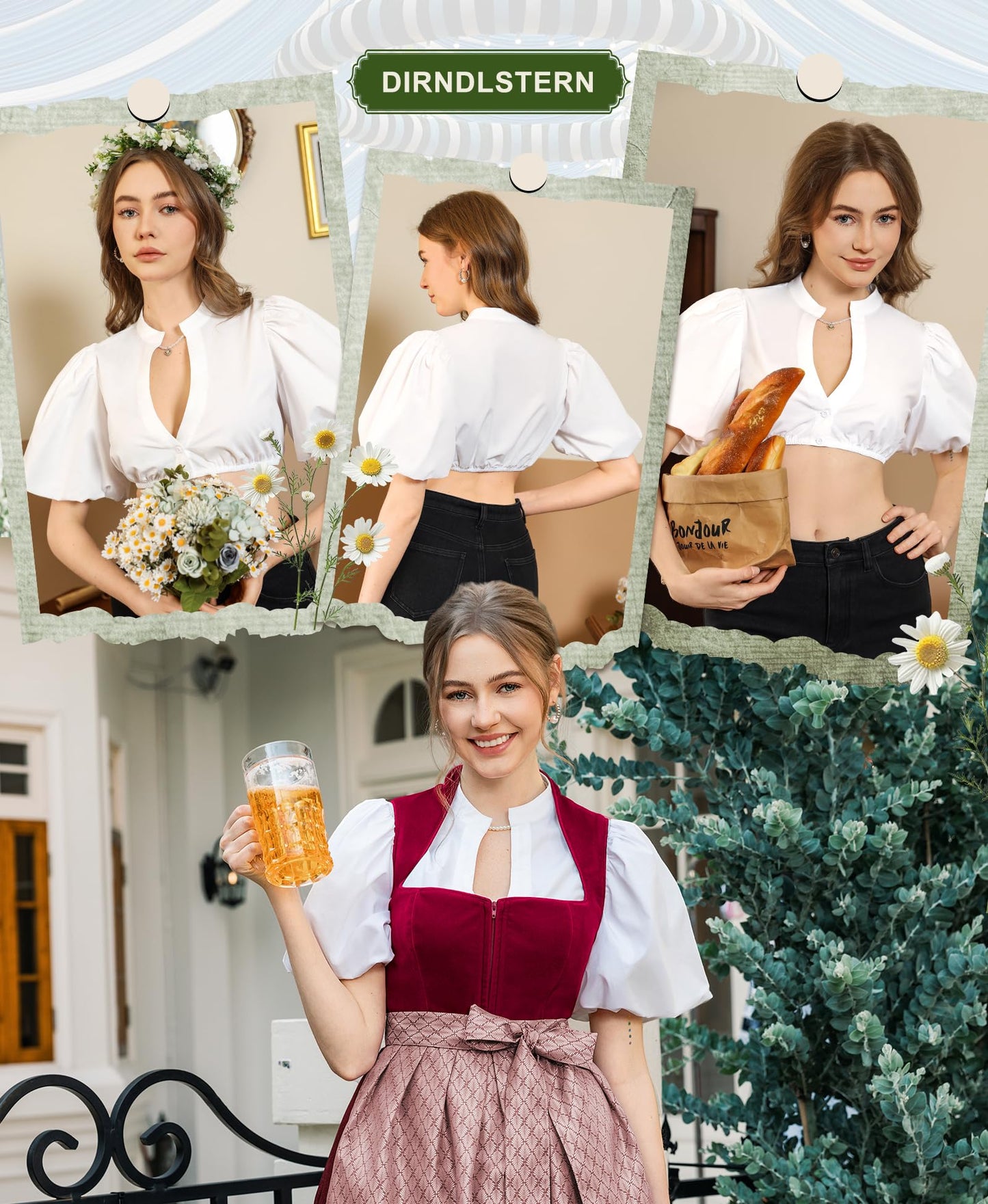 DIRNDLSTERN Dirndl Bluse Damen Weiß - Dirndlbluse Puffärmel Trachtenbluse Modern Oktoberfest Outfit