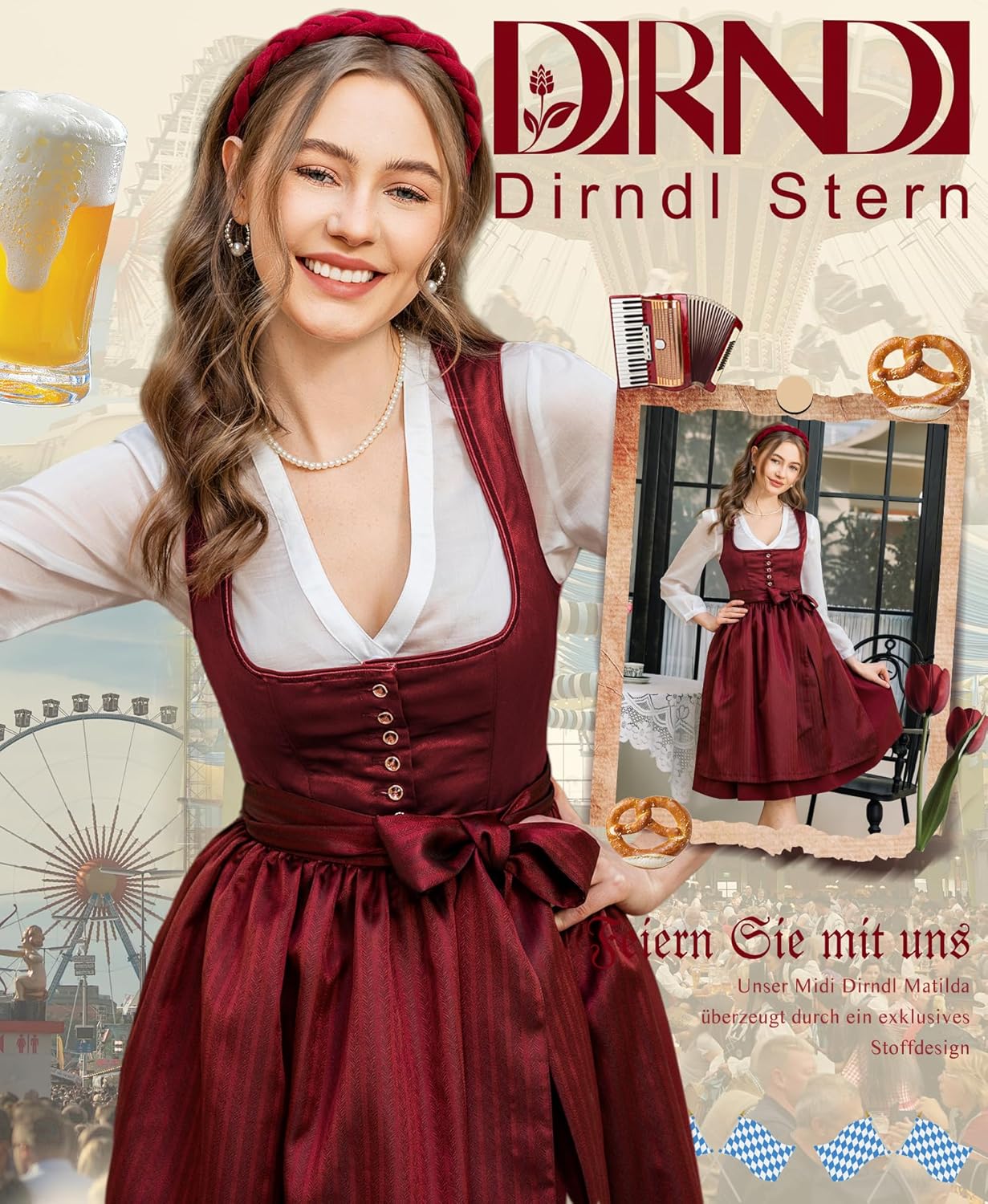 Damen Midi Rot –Trachtenkleid Damen Dirndlkleid mit Plissee Dirndlschürze für Oktoberfest