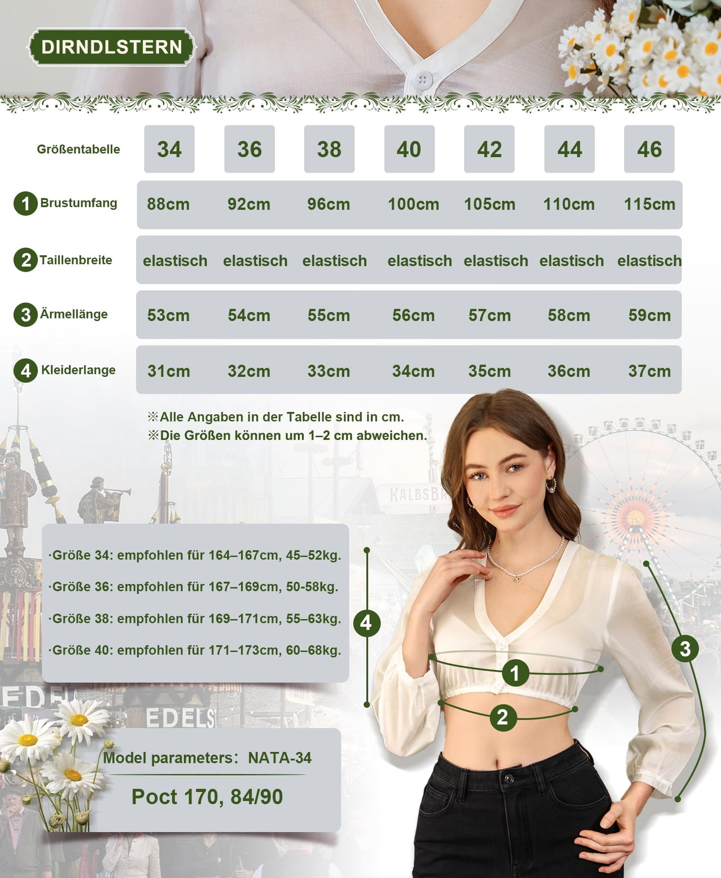 DIRNDLSTERN Dirndl Bluse Damen Weiß - Dirndlbluse langarm V-Ausschnitt Knopfleiste Trachtenbluse für Oktoberfest & Karneval