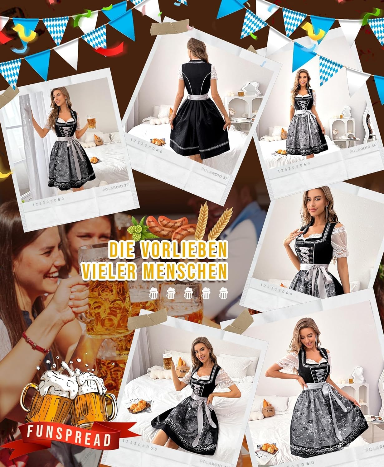 Dirndl Damen Midi Schwarz - Dirndlkleid mit Spitzenschürze Trachtenmode Kleid für Oktoberfest