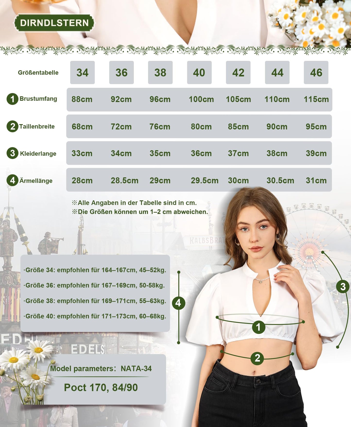 DIRNDLSTERN Dirndl Bluse Damen Weiß - Dirndlbluse Puffärmel Trachtenbluse Modern Oktoberfest Outfit
