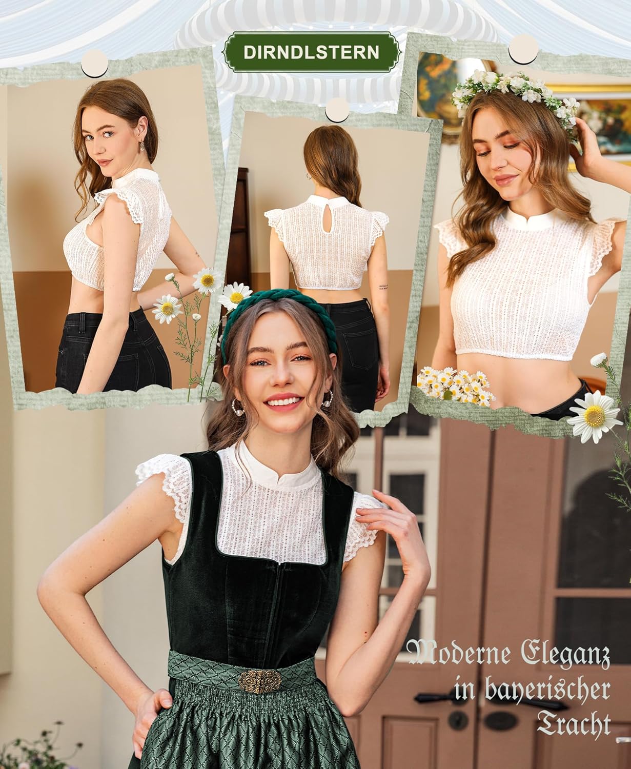 DIRNDLSTERN Dirndl Bluse Damen Weiß - Dirndlbluse Spitze Dirndlblusen Hochgeschlossen Flügelärmel Trachtenblusen Vertikale Streifen Elegant