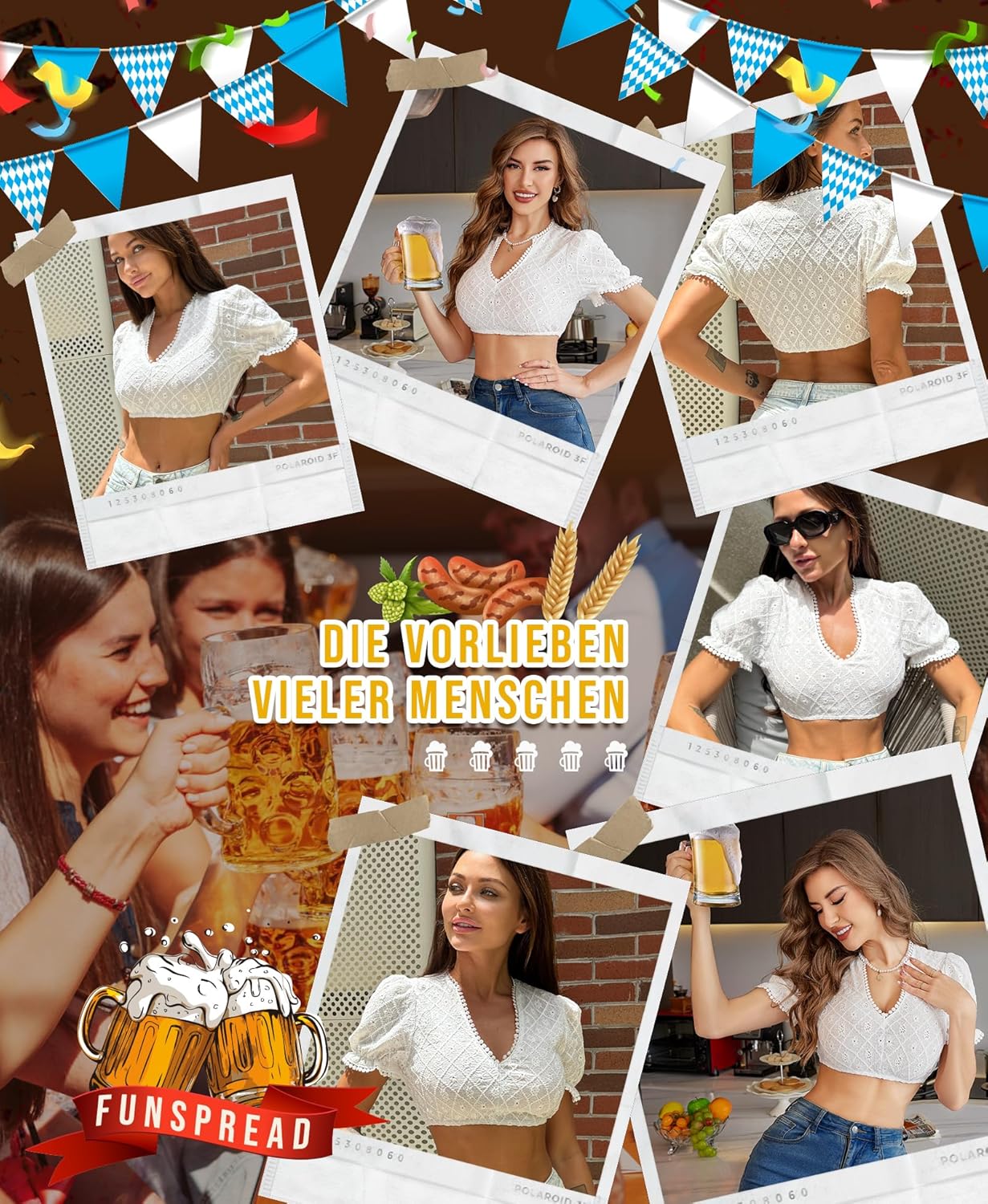 Dirndl Bluse Damen Weiß - Dirndlbluse V Ausschnitt Dirndlblusen Kurzarm Trachtenbluse für Oktoberfest
