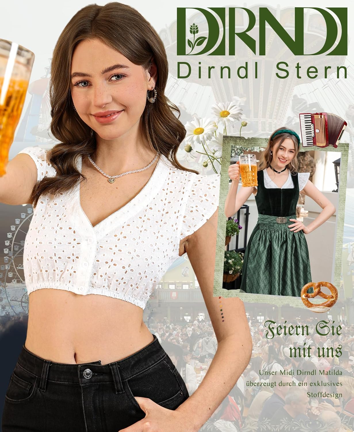 DIRNDLSTERN DirndlBluse Damen Weiß - Exklusive Kurzarm Dirndlbluse mit V-Ausschnitt und Hohlem Design für das Oktoberfest
