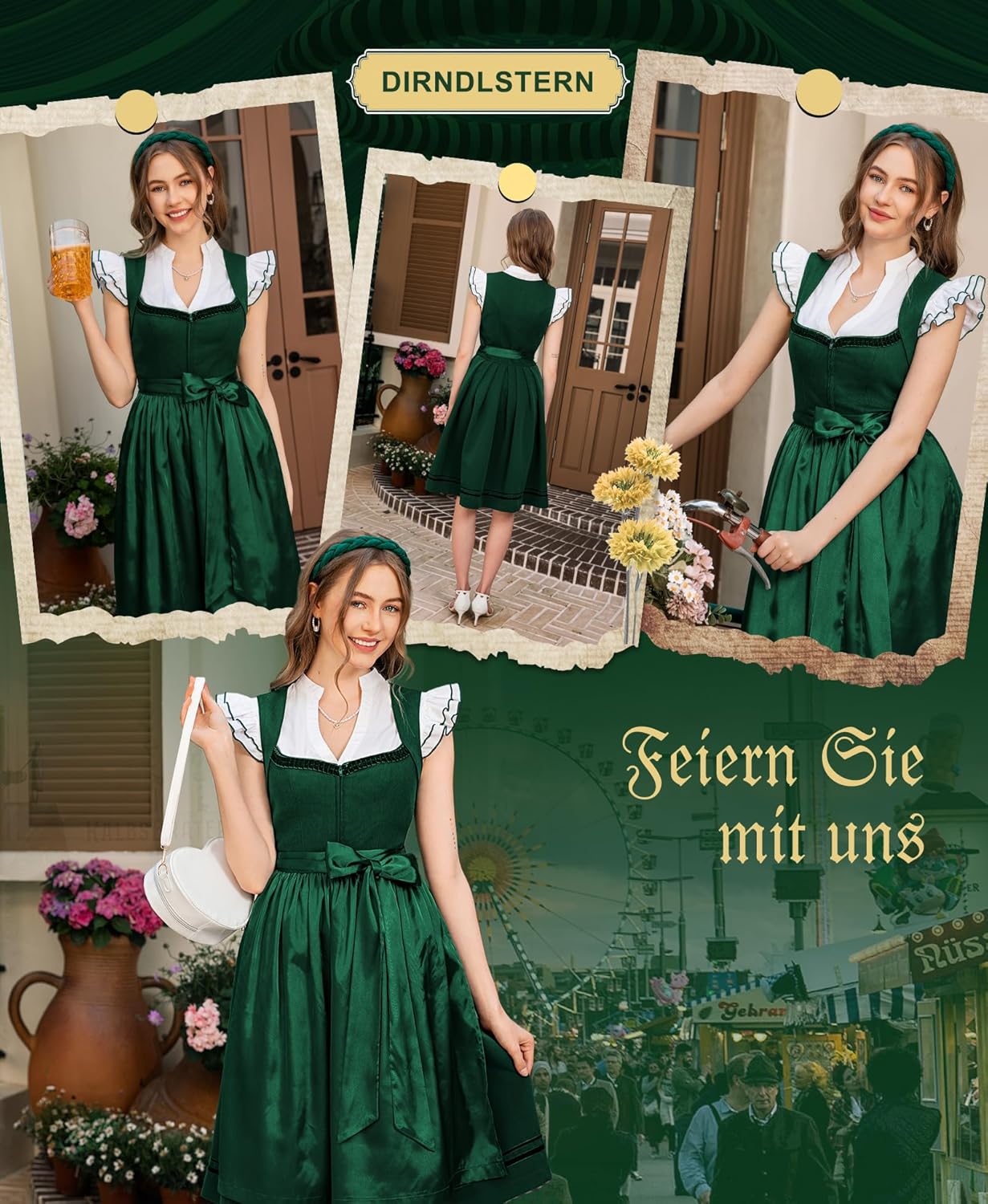 Damen Trachtenrock Grün - Midi Trachtenkleid für Oktoberfest Leinen Dirndlkleid mit Dirndlschürzen