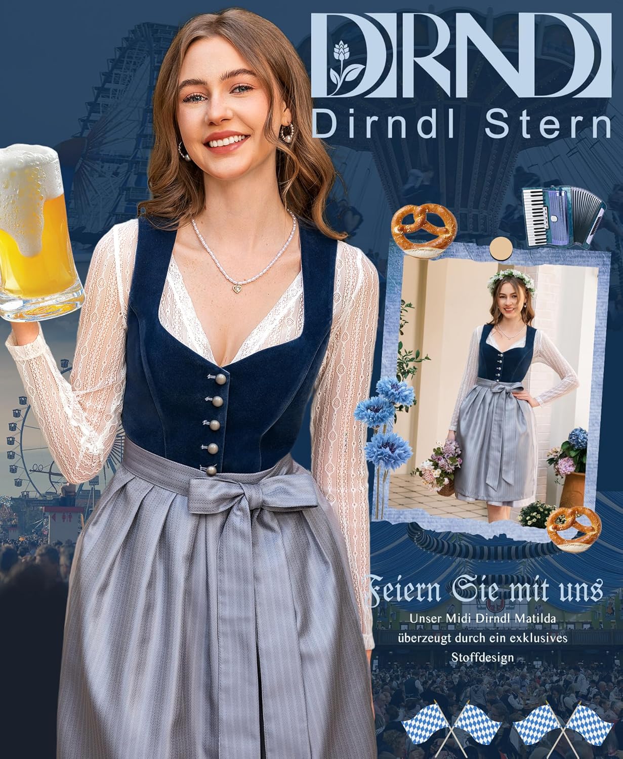 Damen Midi Blau - Dirndlkleid Samt Trachtenmode Kleid mit Dirndlschürze Trachtenkleid für Oktoberfest