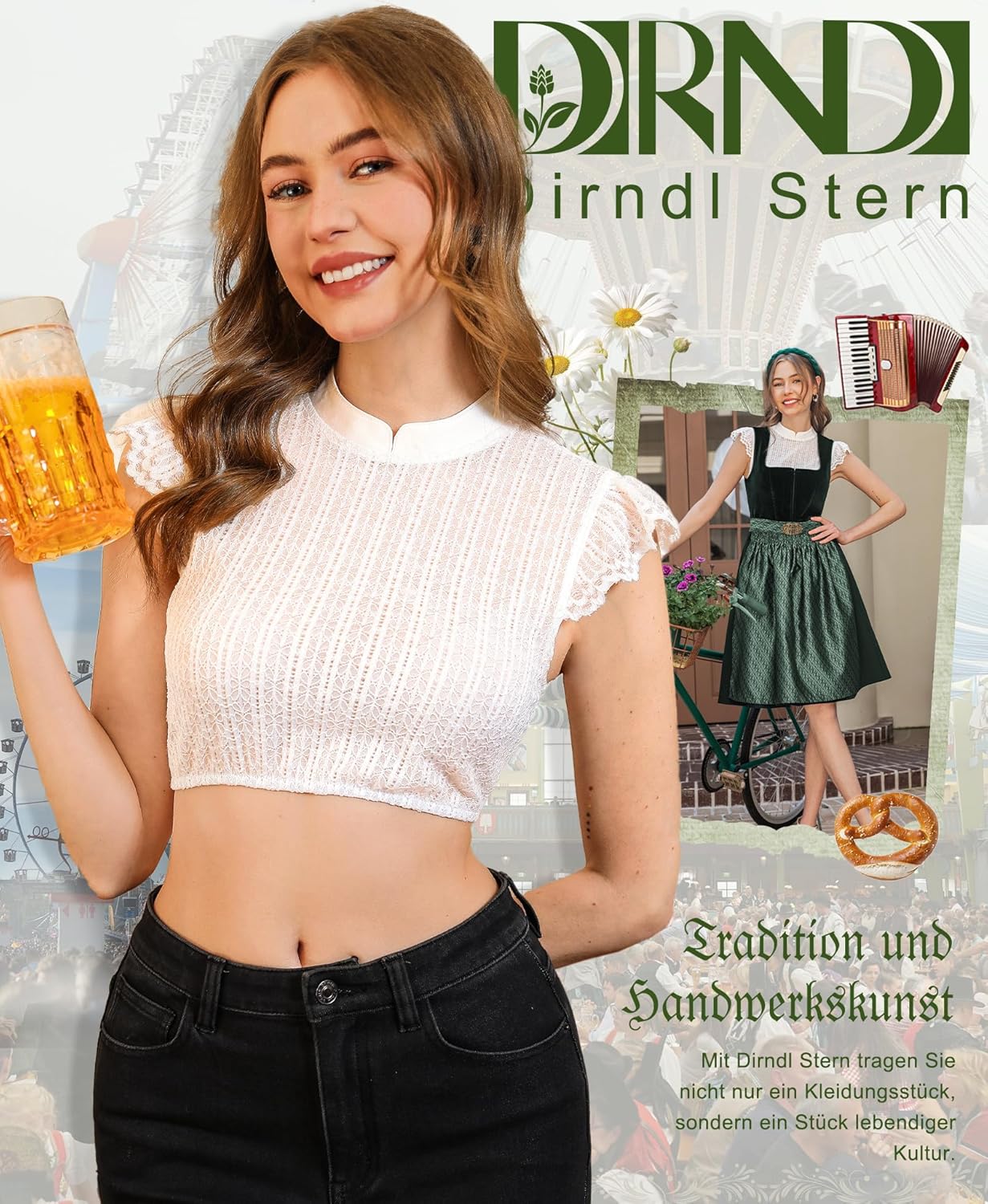 DIRNDLSTERN Dirndl Bluse Damen Weiß - Dirndlbluse Spitze Dirndlblusen Hochgeschlossen Flügelärmel Trachtenblusen Vertikale Streifen Elegant