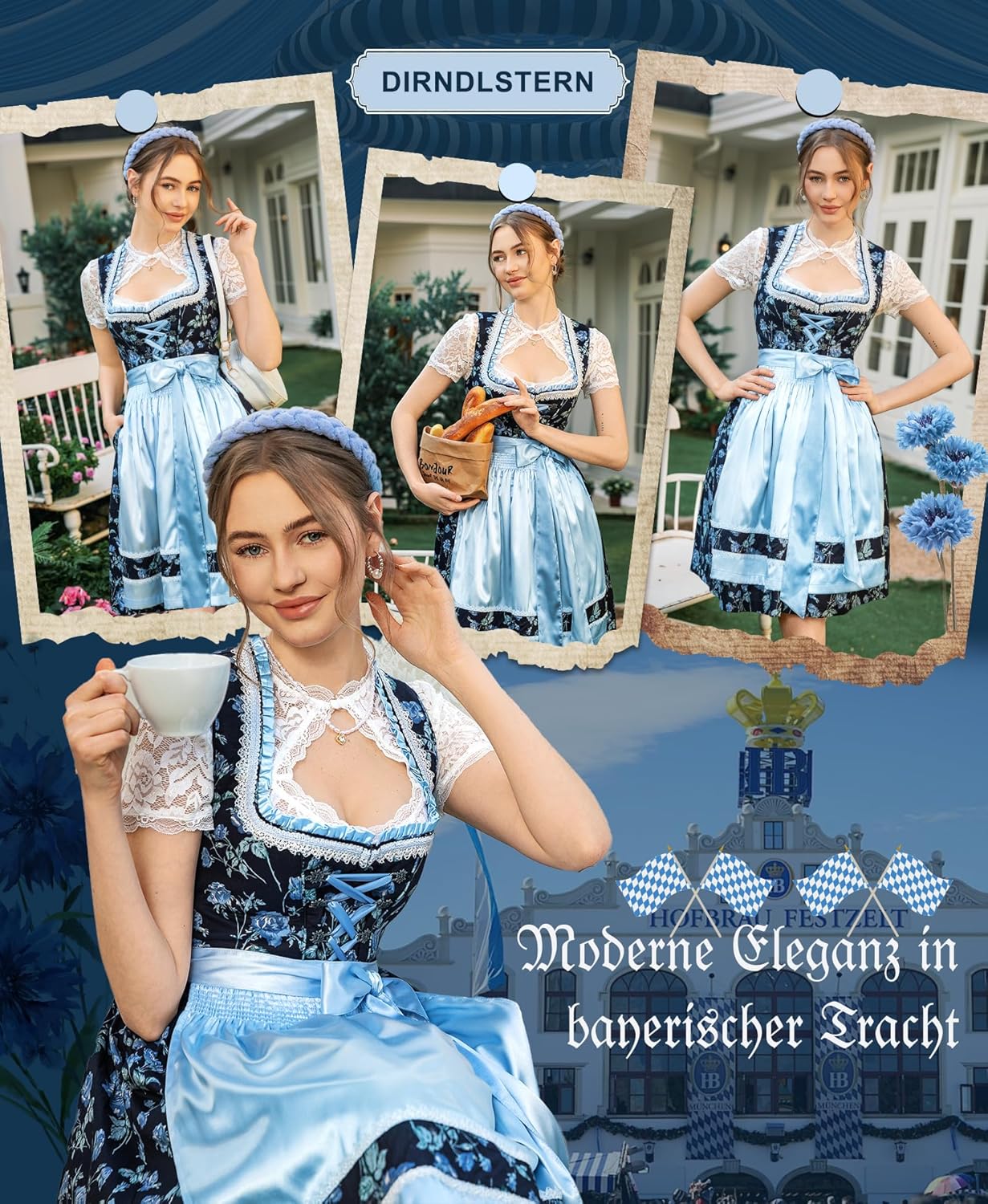 DIRNDLSTERN Damen Mini Blau - Trachtenkleid Baumwolle mit Blumenmuster Dirndlkleid mit Schürze und Ersatzknöpfen Ausgestattet