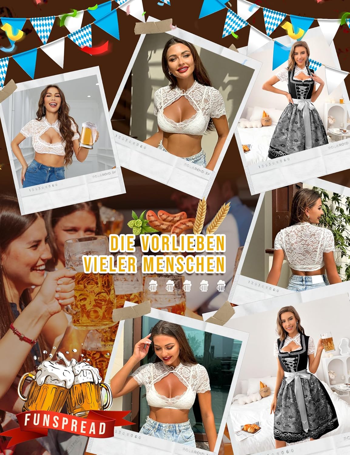 Dirndlbluse Damen Spitze Weiß - Kurzarm Dirndl Bluse Trachtenbluse für Oktoberfest