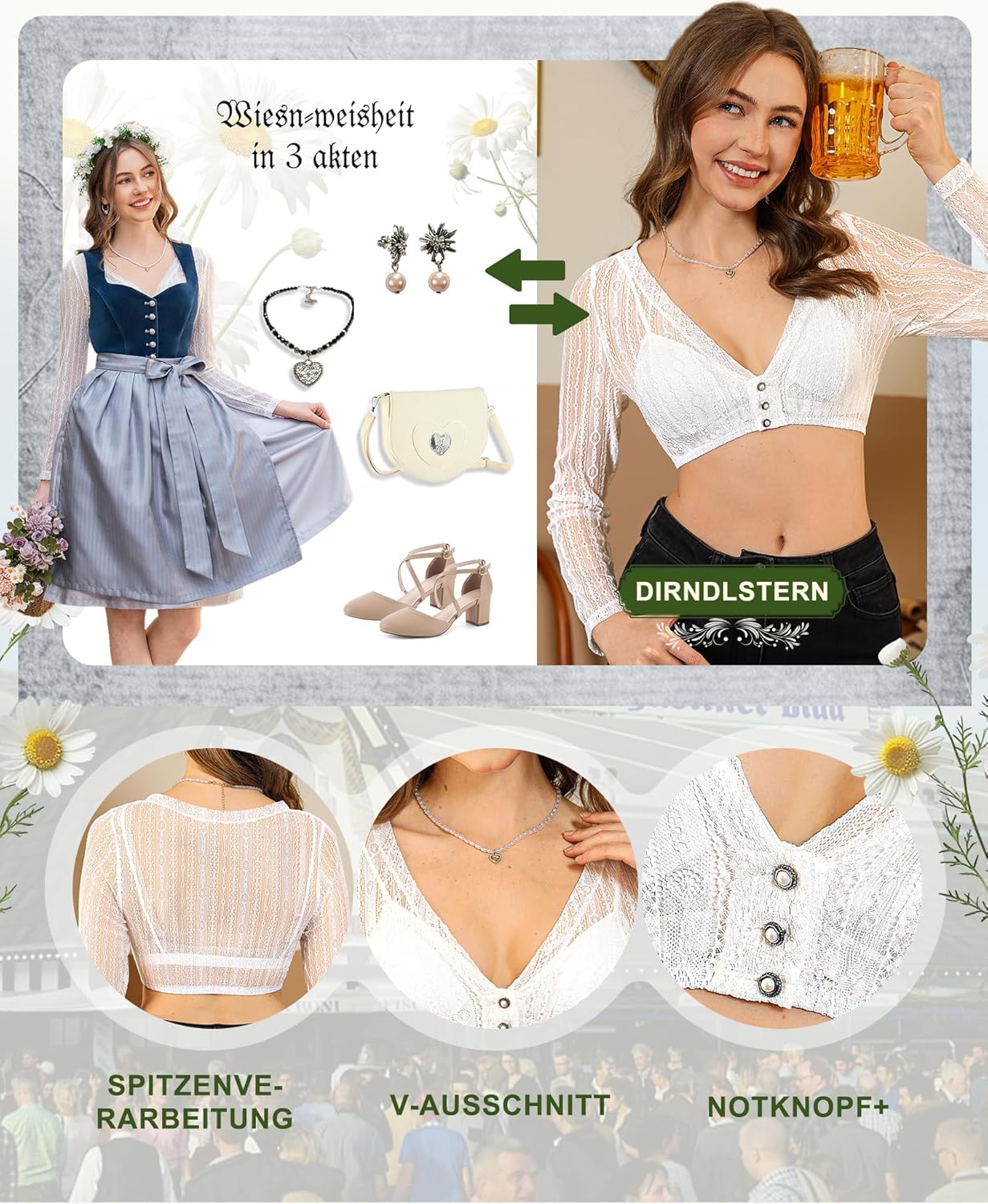 Damen Dirndlbluse Spitze Langarm - Weiß Bluse V-Ausschnitt Knopfleiste Trachtenbluse für Oktoberfest