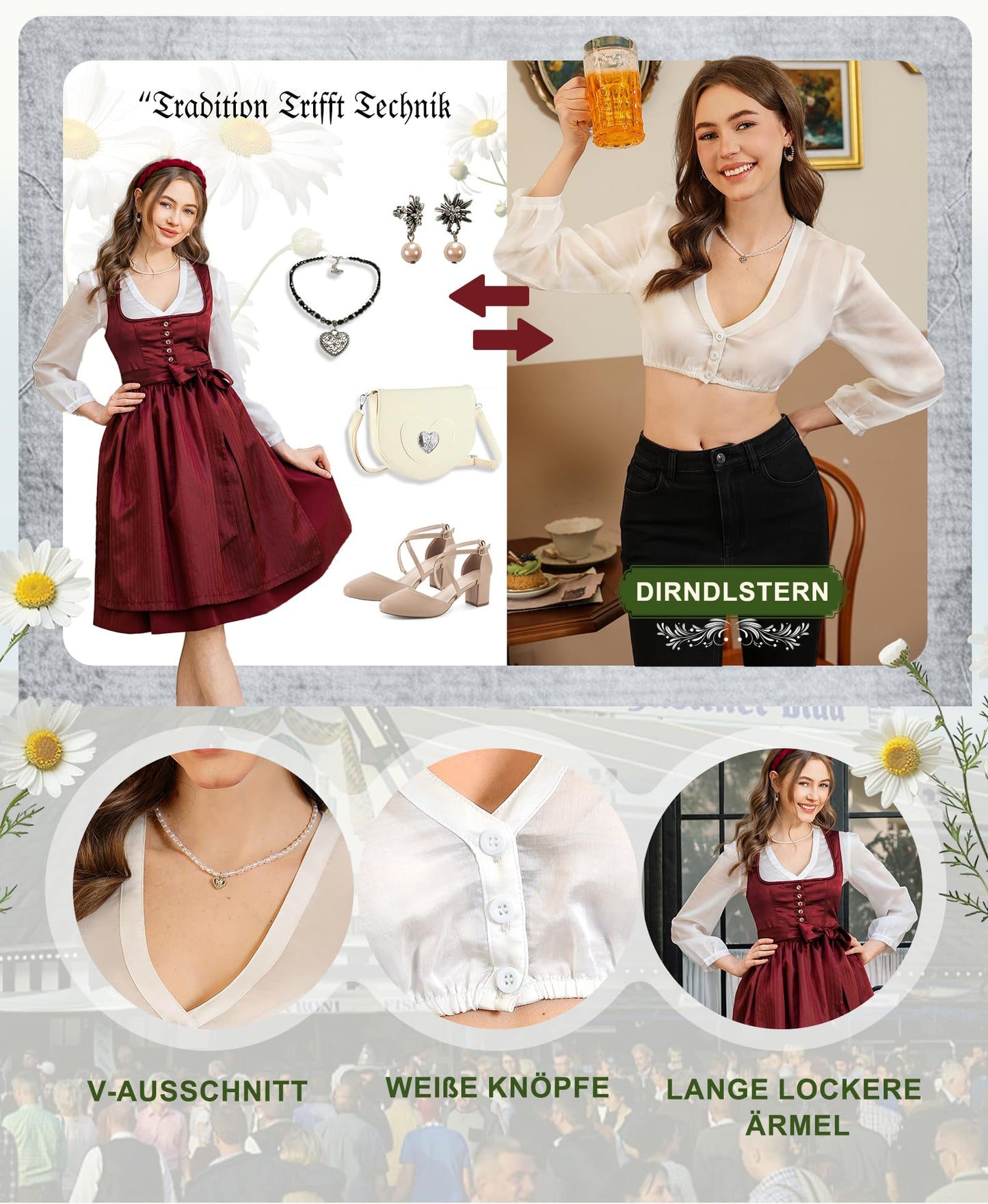 DIRNDLSTERN Dirndl Bluse Damen Weiß - Dirndlbluse langarm V-Ausschnitt Knopfleiste Trachtenbluse für Oktoberfest & Karneval