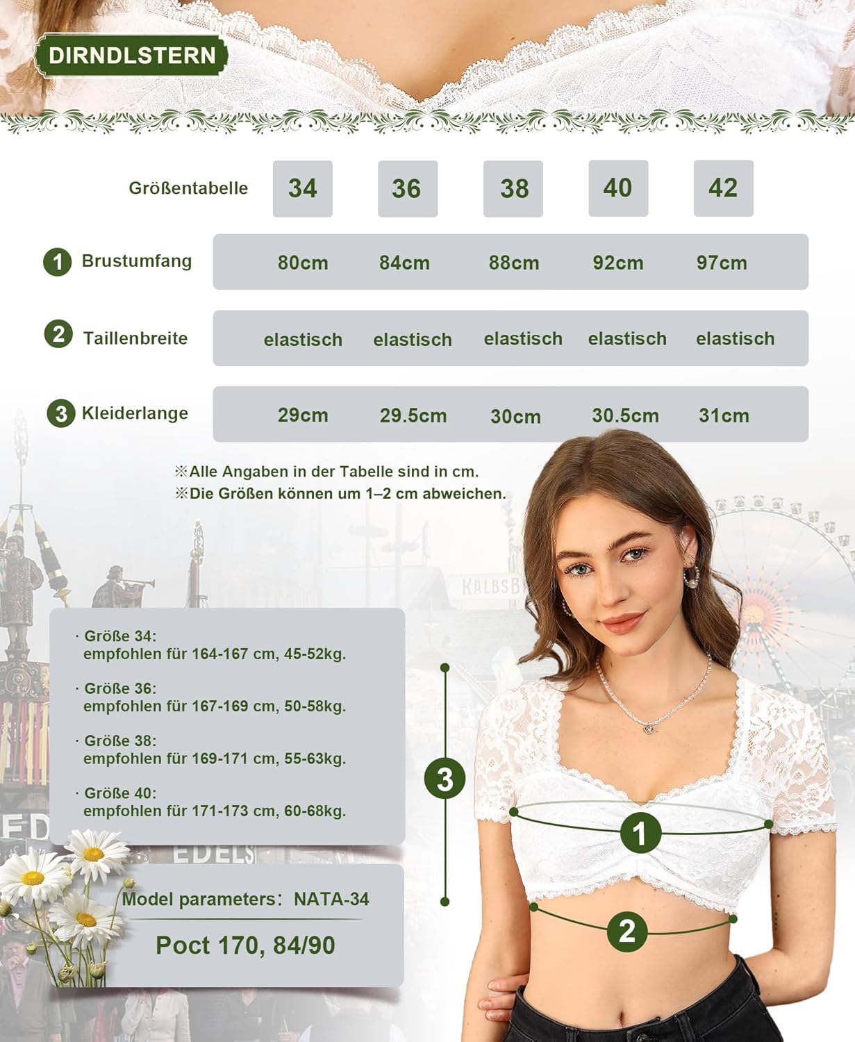 Bluse Damen Spitze - Dirndlbluse Weiß Herzausschnitt Trachtenbluse Kurzarm für Oktoberfest
