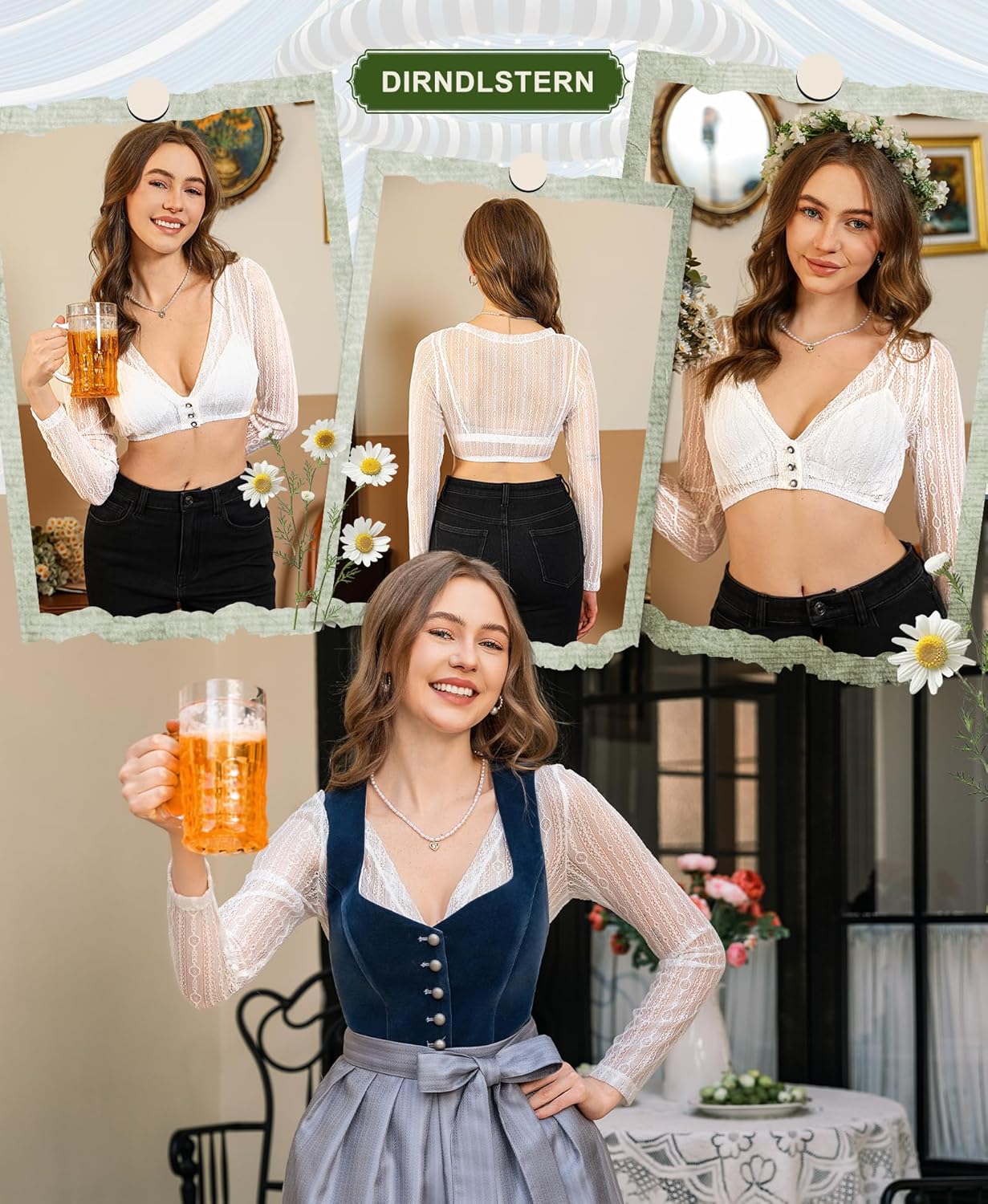 Damen Dirndlbluse Spitze Langarm - Weiß Bluse V-Ausschnitt Knopfleiste Trachtenbluse für Oktoberfest