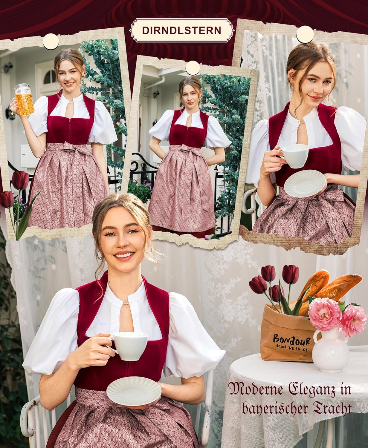 Damen Midi Rot–Elegantes Trachtenkleid Samt Plissee Schürze Perfekt für Oktoberfest