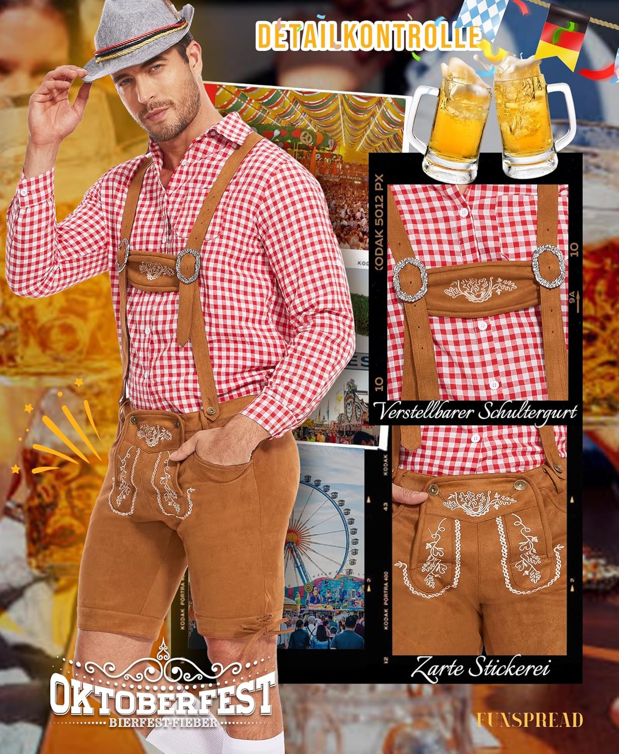 FUNSPREAD Lederhose Herren Tracht Kurz - Trachtenhose Herren mit Trägern Oktoberfest Outfit