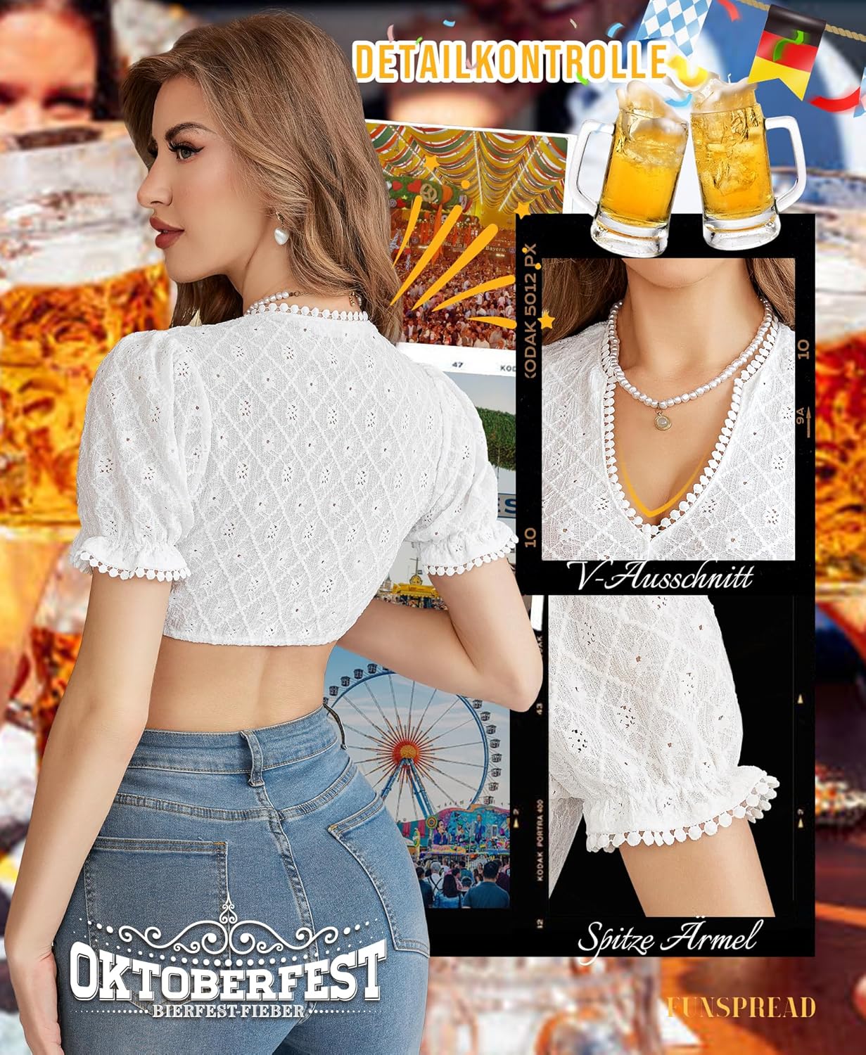 Dirndl Bluse Damen Weiß - Dirndlbluse V Ausschnitt Dirndlblusen Kurzarm Trachtenbluse für Oktoberfest