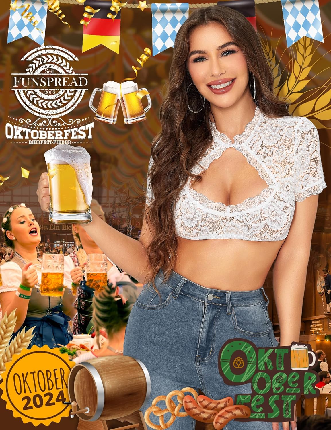 Dirndlbluse Damen Spitze Weiß - Kurzarm Dirndl Bluse Trachtenbluse für Oktoberfest