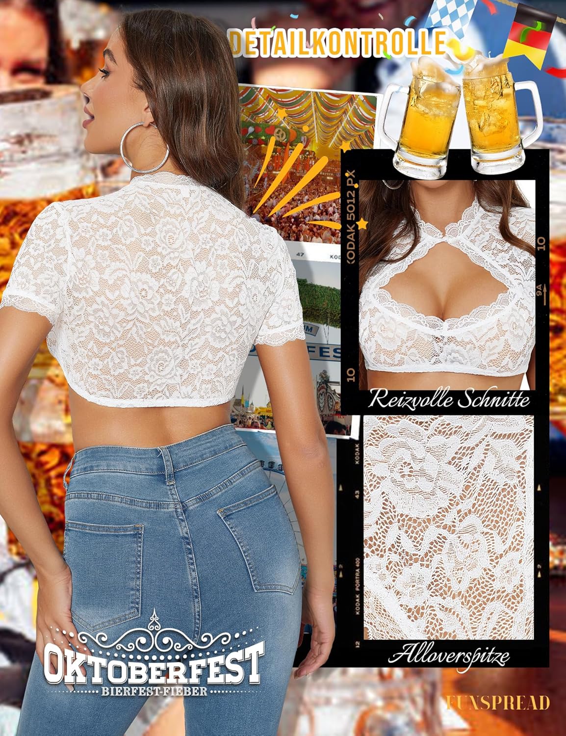 Dirndlbluse Damen Spitze Weiß - Kurzarm Dirndl Bluse Trachtenbluse für Oktoberfest