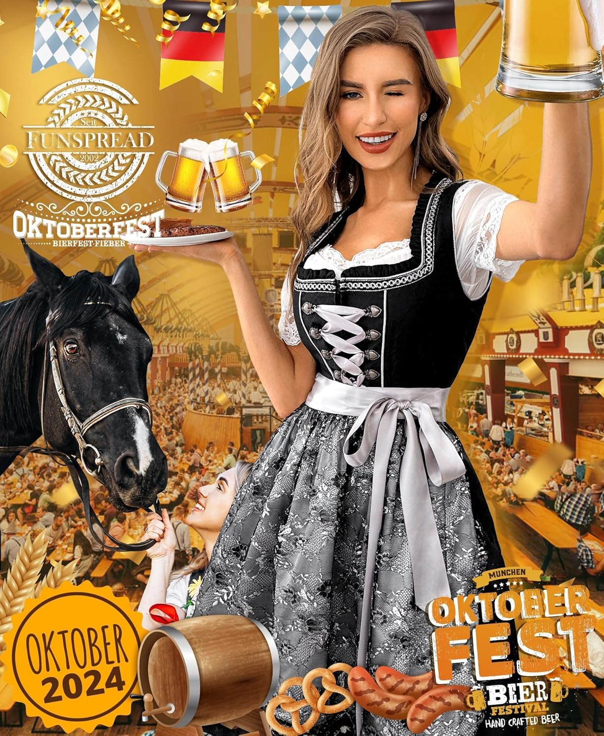 Dirndl Damen Midi Schwarz - Dirndlkleid mit Spitzenschürze Trachtenmode Kleid für Oktoberfest