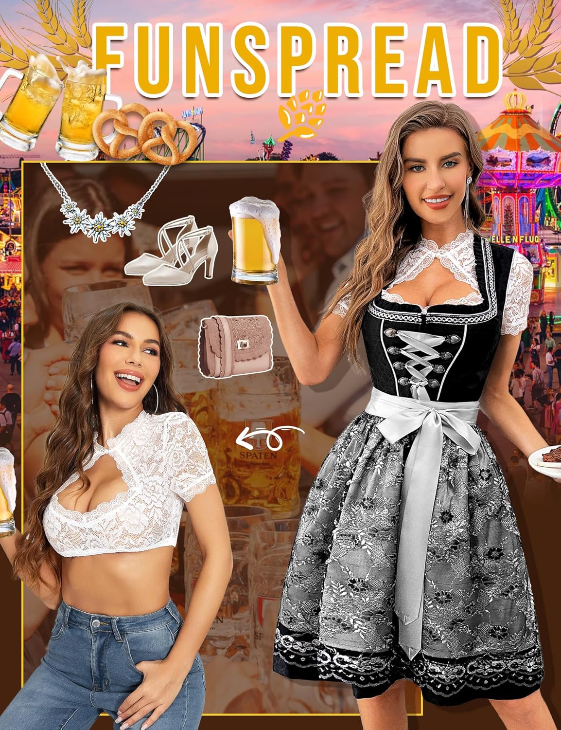 Dirndlbluse Damen Spitze Weiß - Kurzarm Dirndl Bluse Trachtenbluse für Oktoberfest