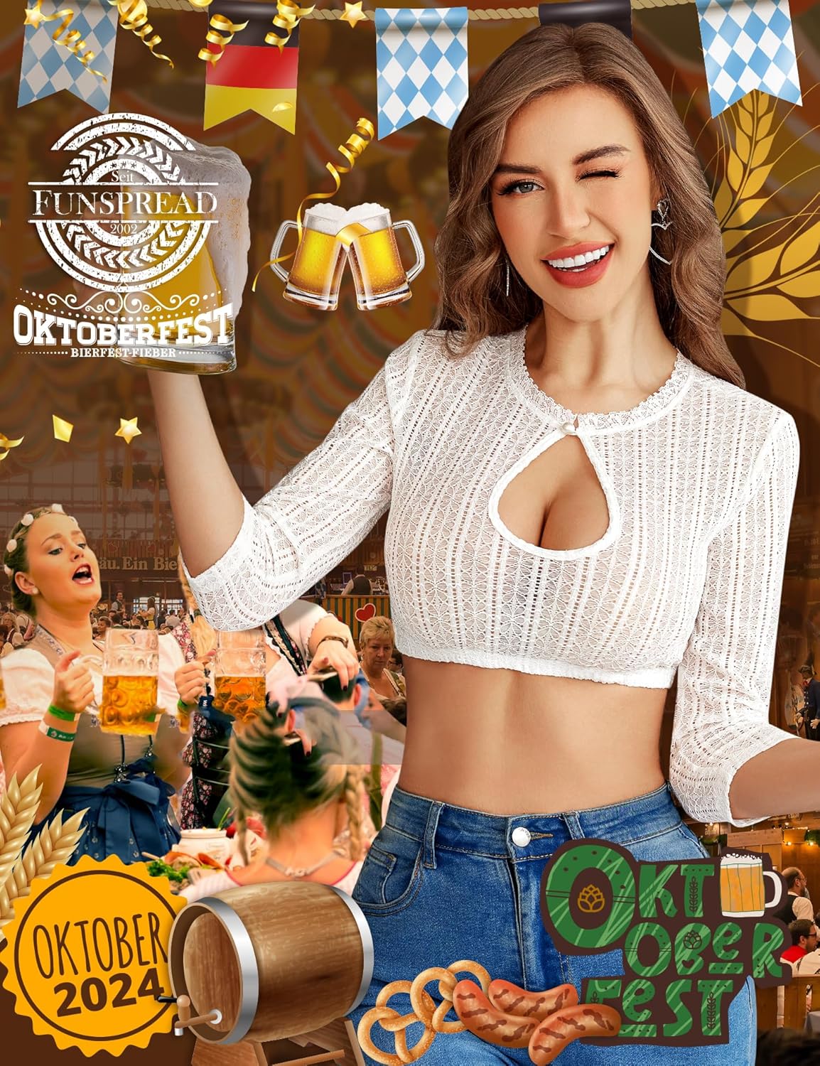 Damen Dirndl Bluse Spitze - Weiß Dirndlbluse Langarm Dirndlblusen Tracht Bluse für Oktoberfest
