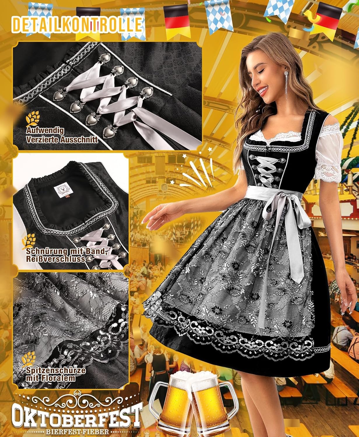 Dirndl Damen Midi Schwarz - Dirndlkleid mit Spitzenschürze Trachtenmode Kleid für Oktoberfest