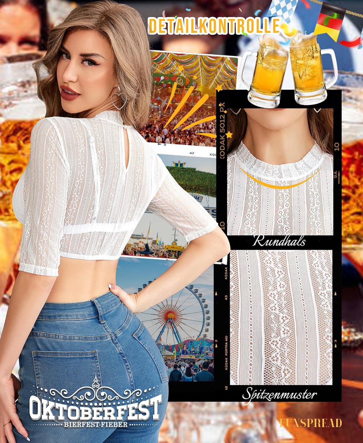 Funspread Damen Dirndl Bluse Spitze - Dirndlbluse Weiß Hochgeschlossene Langarm Trachtenbluse