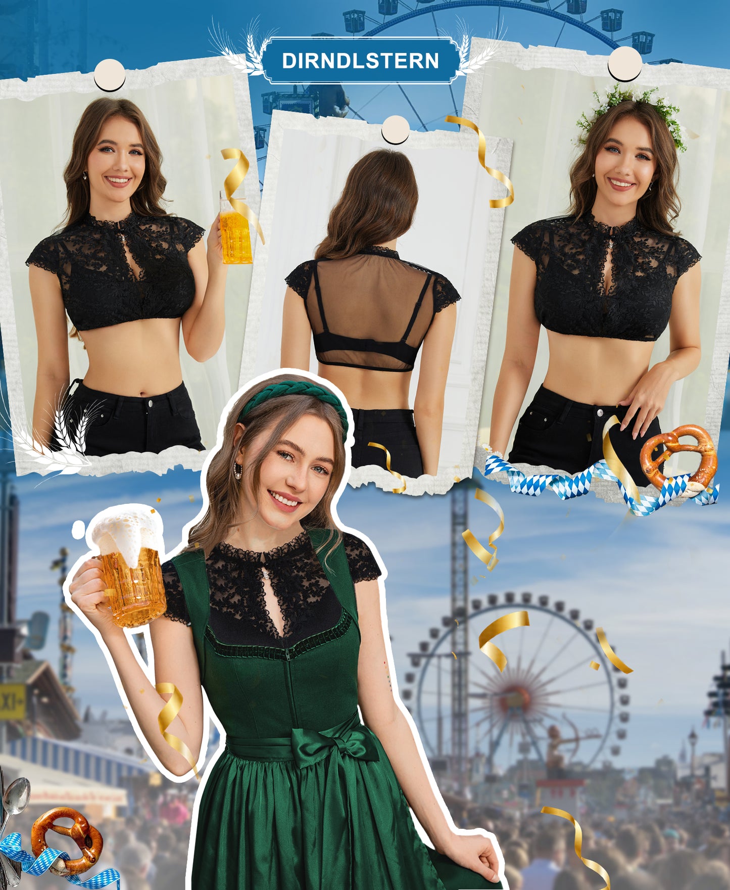 DIRNDLSTERN Dirndlbluse Damen Spitze Kurzarm - Trachtenbluse Bluse Oktoberfest Outfit Weiß