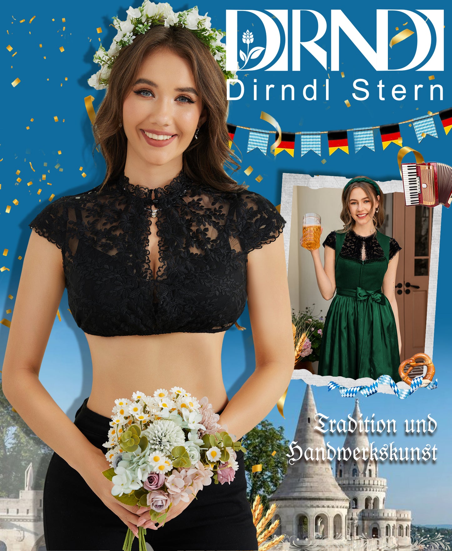 DIRNDLSTERN Dirndlbluse Damen Spitze Kurzarm - Trachtenbluse Bluse Oktoberfest Outfit Weiß