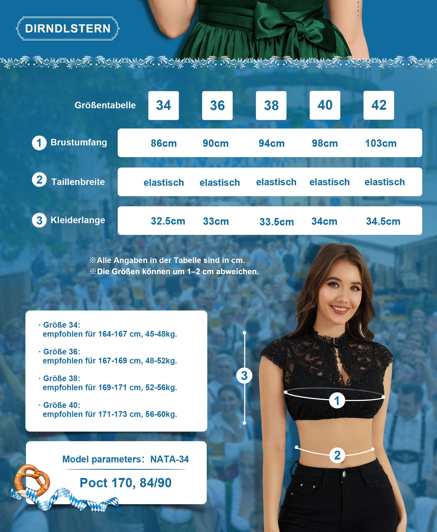 DIRNDLSTERN Dirndlbluse Damen Spitze Kurzarm - Trachtenbluse Bluse Oktoberfest Outfit Weiß