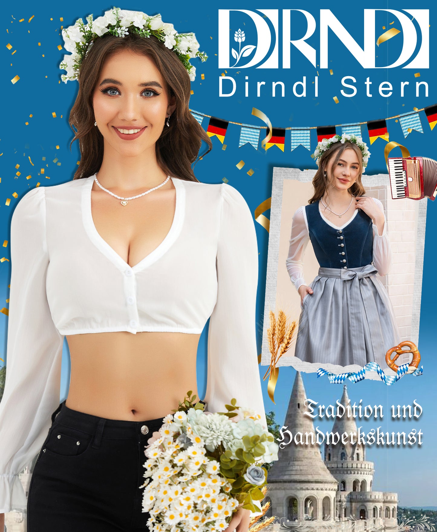 DIRNDLSTERN Bluse Damen Weiß - Dirndlbluse Langarm V-Ausschnitt Oktoberfest Bluse