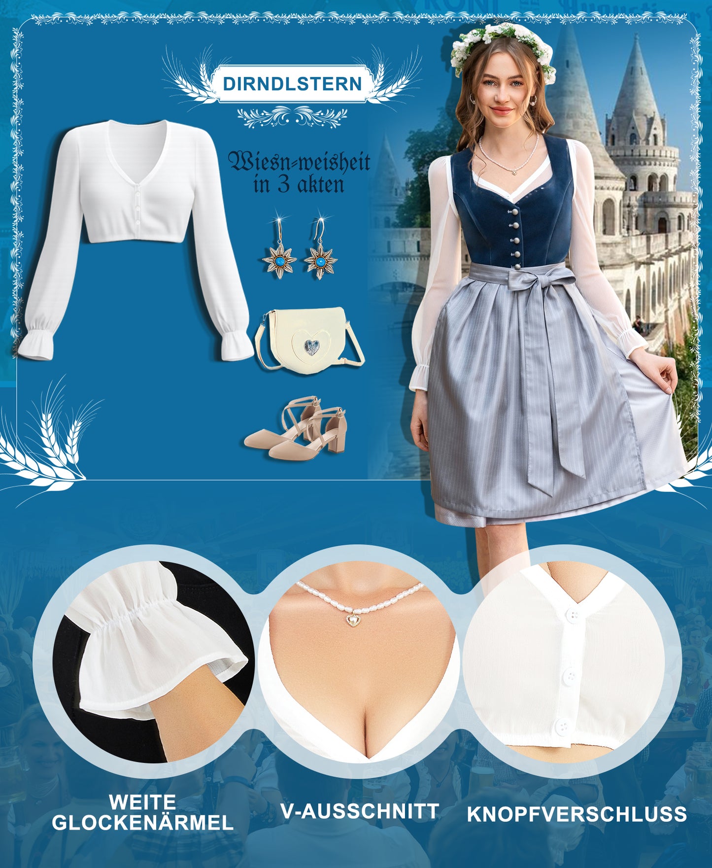 DIRNDLSTERN Bluse Damen Weiß - Dirndlbluse Langarm V-Ausschnitt Oktoberfest Bluse