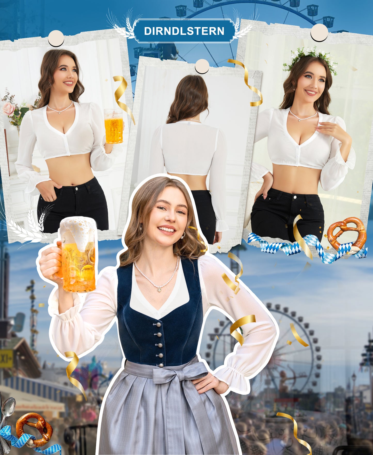 DIRNDLSTERN Bluse Damen Weiß - Dirndlbluse Langarm V-Ausschnitt Oktoberfest Bluse