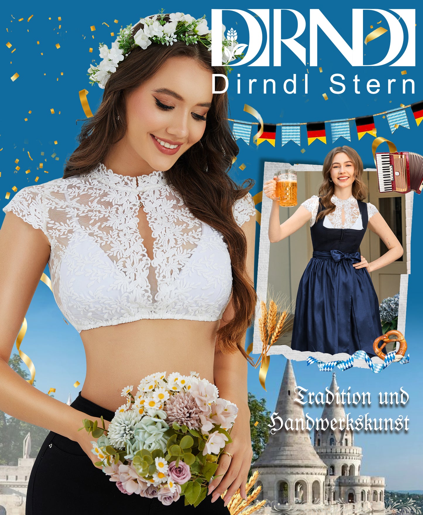 DIRNDLSTERN Dirndlbluse Damen Spitze Kurzarm - Trachtenbluse Bluse Oktoberfest Outfit Weiß