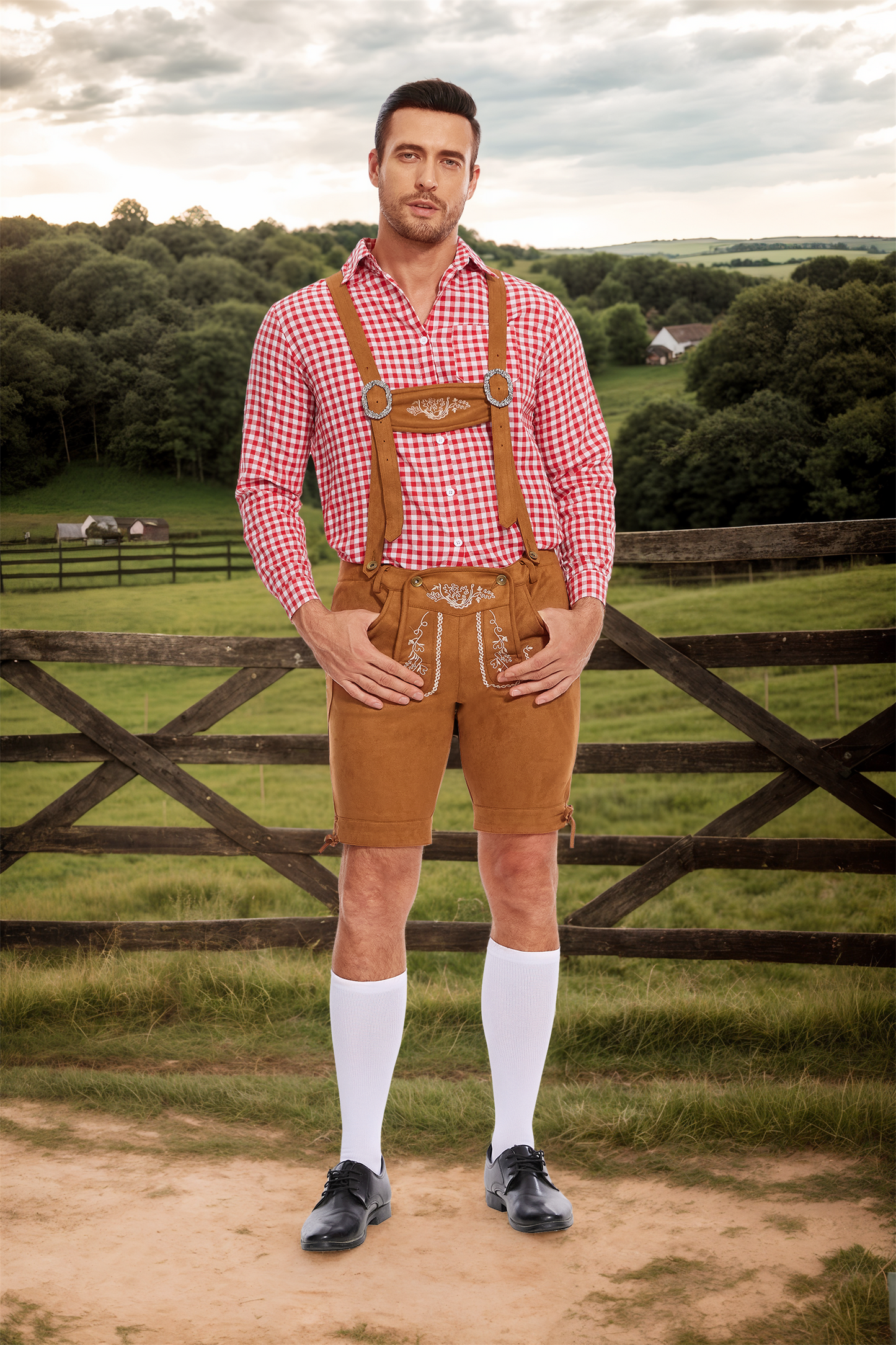 FUNSPREAD Lederhose Herren Tracht Kurz - Trachtenhose Herren mit Trägern Oktoberfest Outfit