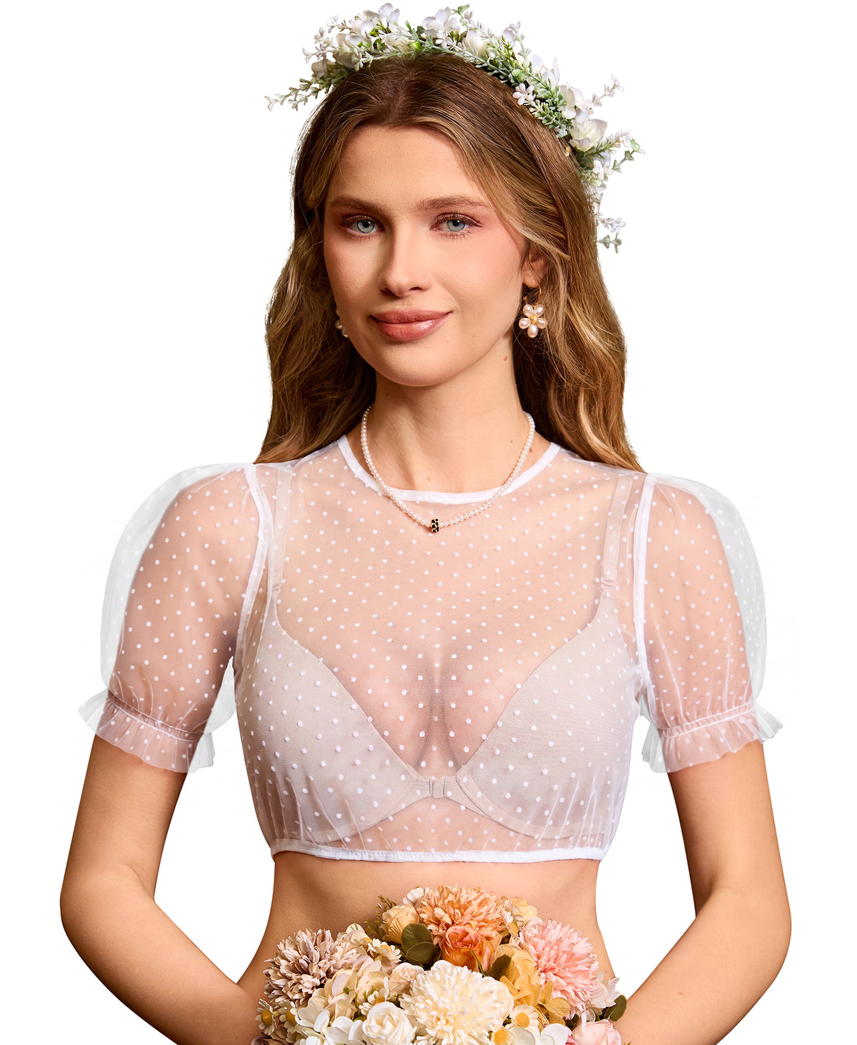 DIRNDLSTERN Bluse Damen – Dirndlbluse Transparent mit Punkten Puffärmel Trachtenbluse Kurzarm für Oktoberfest & Bayerische