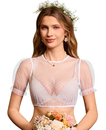 DIRNDLSTERN Bluse Damen – Dirndlbluse Transparent mit Punkten Puffärmel Trachtenbluse Kurzarm für Oktoberfest & Bayerische