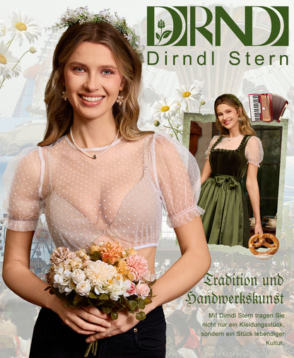 DIRNDLSTERN Bluse Damen – Dirndlbluse Transparent mit Punkten Puffärmel Trachtenbluse Kurzarm für Oktoberfest & Bayerische