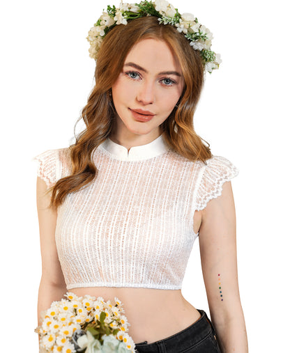DIRNDLSTERN Dirndl Bluse Damen Weiß - Dirndlbluse Spitze Dirndlblusen Hochgeschlossen Flügelärmel Trachtenblusen Vertikale Streifen Elegant