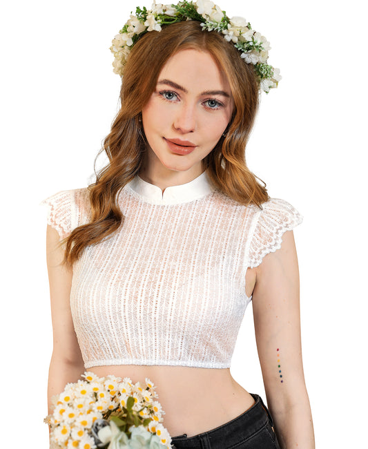 DIRNDLSTERN Dirndl Bluse Damen Weiß - Dirndlbluse Spitze Dirndlblusen Hochgeschlossen Flügelärmel Trachtenblusen Vertikale Streifen Elegant