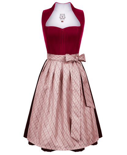 DIRNDLSTERN Dirndl Damen Midi Rot - Elegantes Trachtenkleid Samt Dirndl mit Plissee Schürze Perfekt für Oktoberfest
